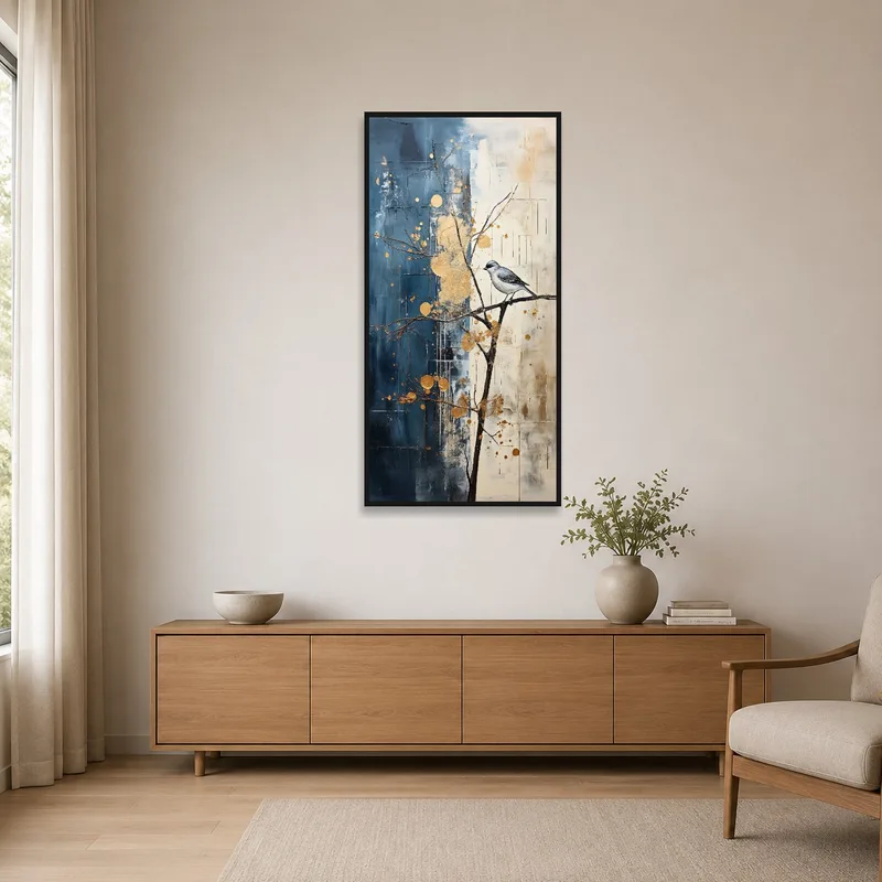 Golden bird artwork against a white wall in a minimalist setting.