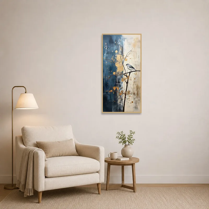 Golden bird art adding warmth to a cozy reading corner.