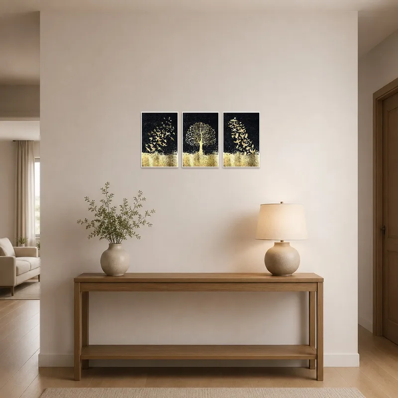 Elegant triptych with golden birds and tree in an entrance hall.