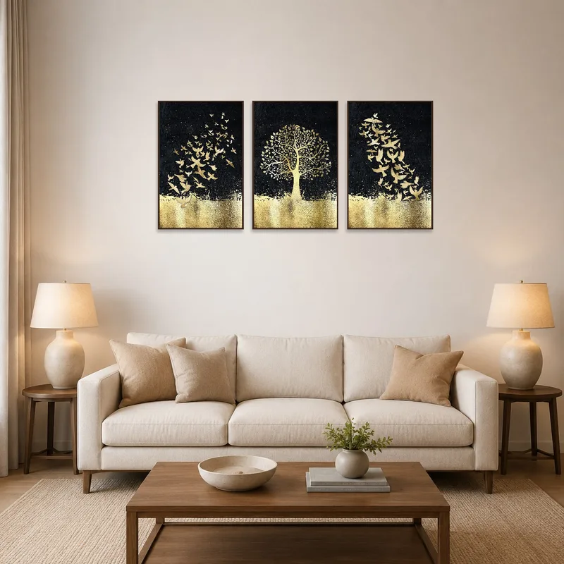 Triptych displaying golden birds and tree in a cozy living room setting.