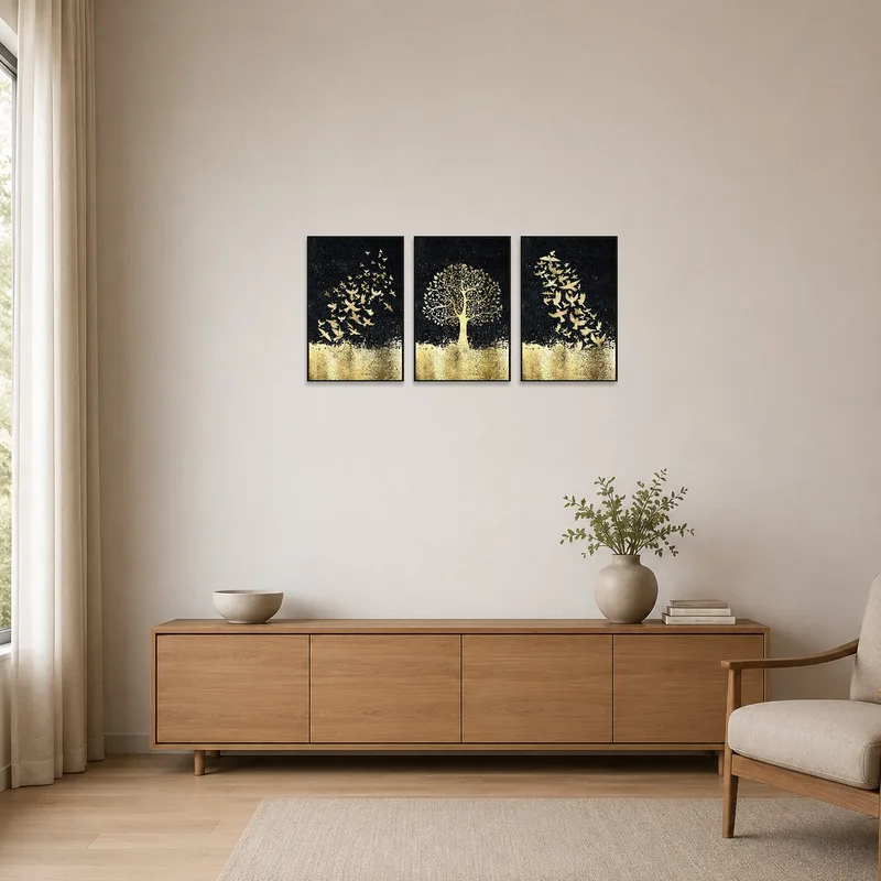 Golden birds and tree triptych adorning a clean, minimalist room.