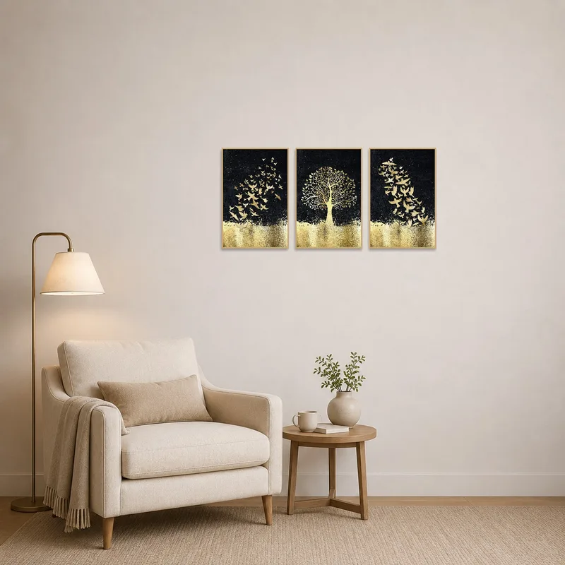 Golden birds and tree triptych set beside a reading chair in a corner.