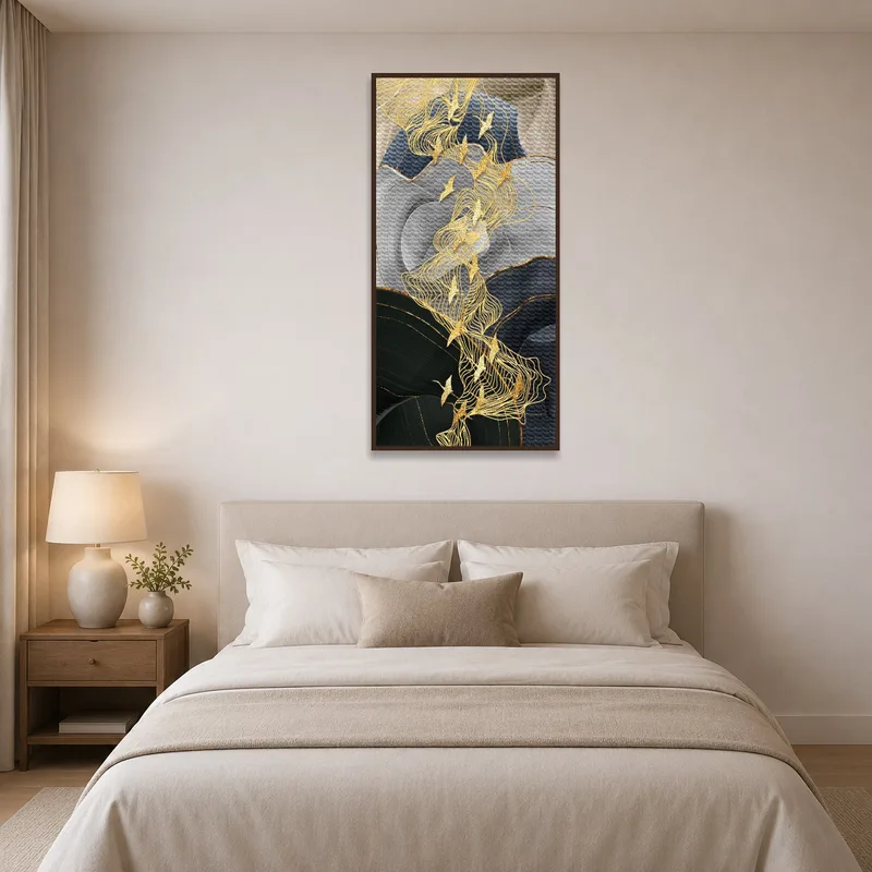 Golden Birds artwork adds tranquility to a serene bedroom setting.