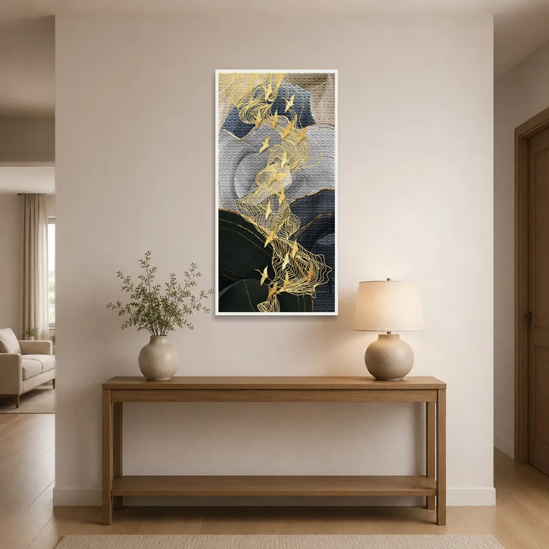 Golden Birds artwork greets visitors in the entrance hall with its flowing design.