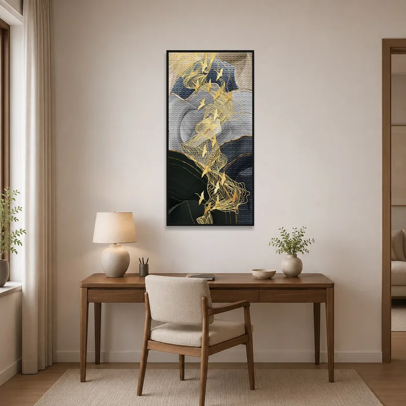 Abstract birds artwork inspires creativity in a modern home office.