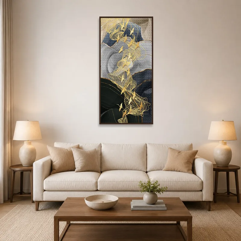 Golden Birds artwork adds elegance above the living room sofa with warm lighting.
