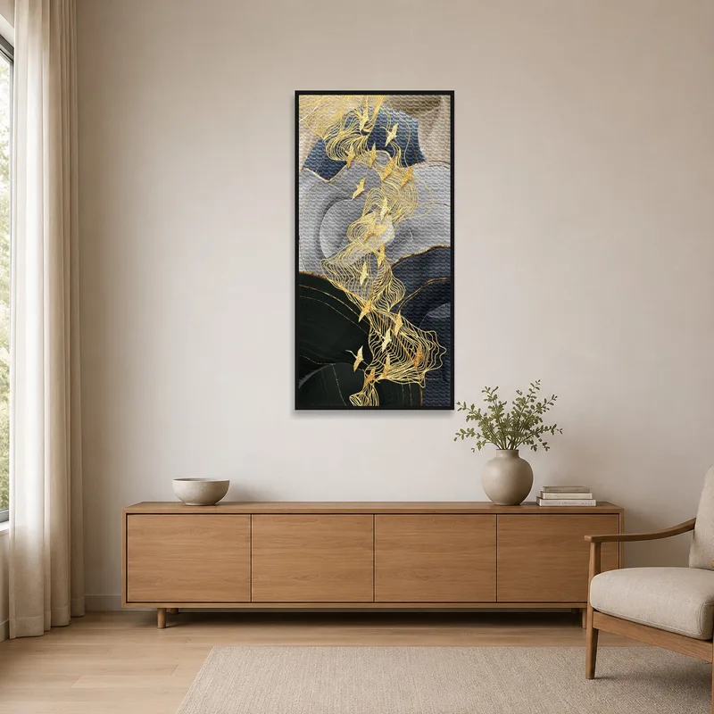 Abstract Golden Birds artwork enhances the clean lines of a minimalist room.