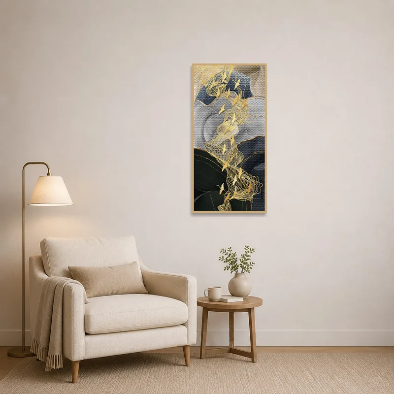 Abstract birds piece brings vibrancy to a cozy reading corner.