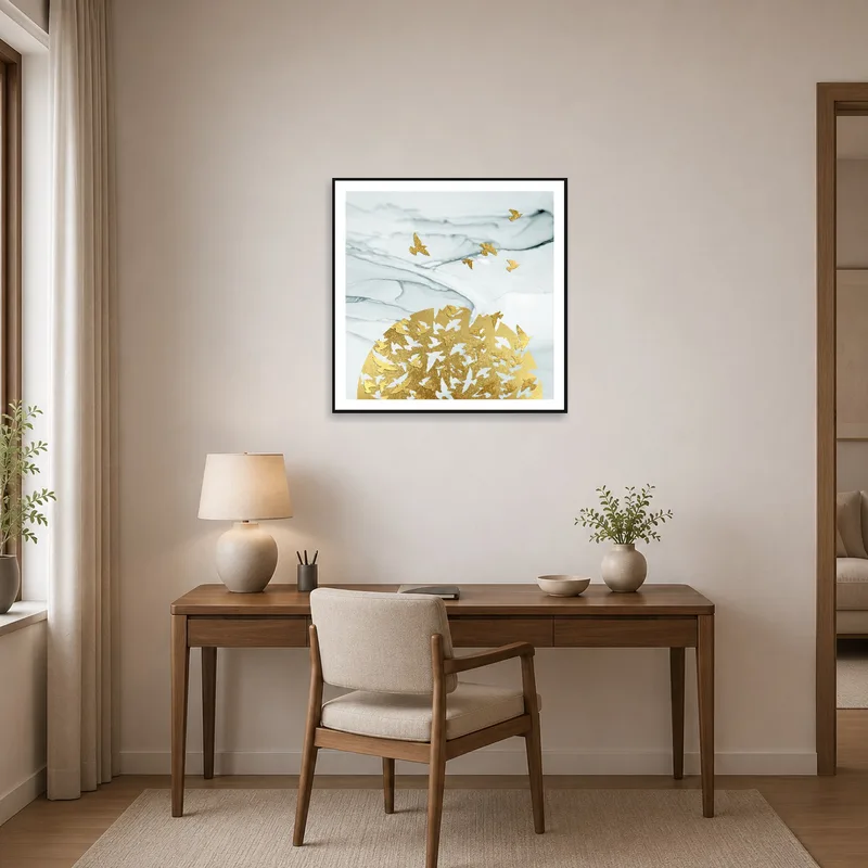 Home office gets a touch of sophistication with golden birds on marble art.