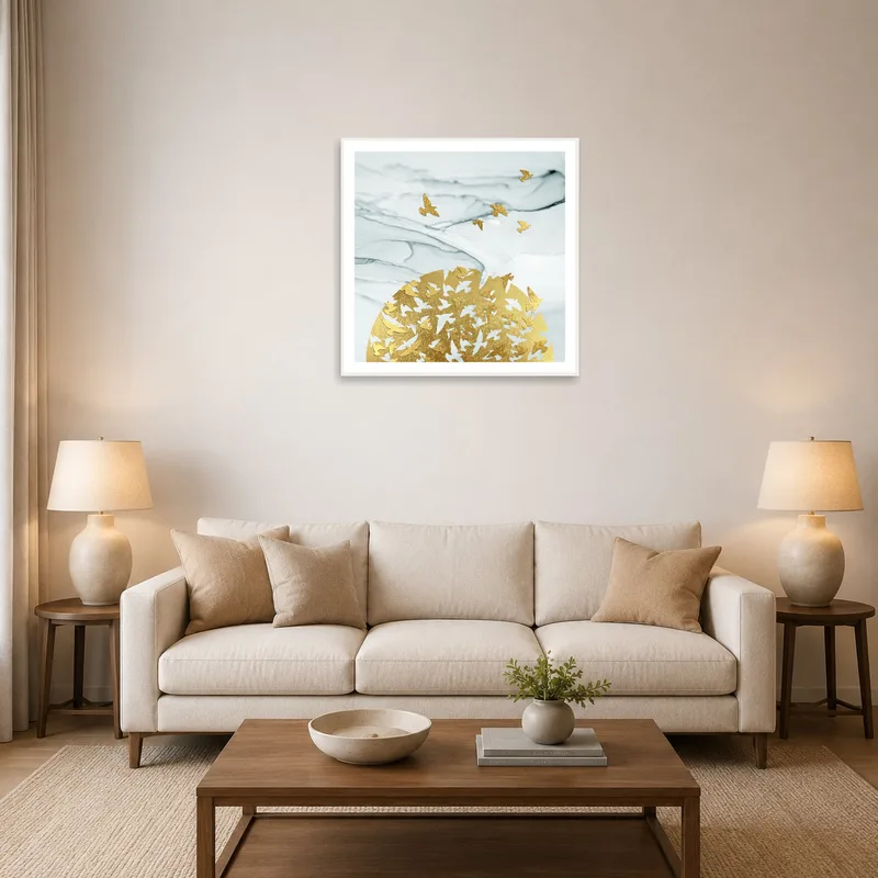 Golden bird design on marble background brightens up the living room wall.