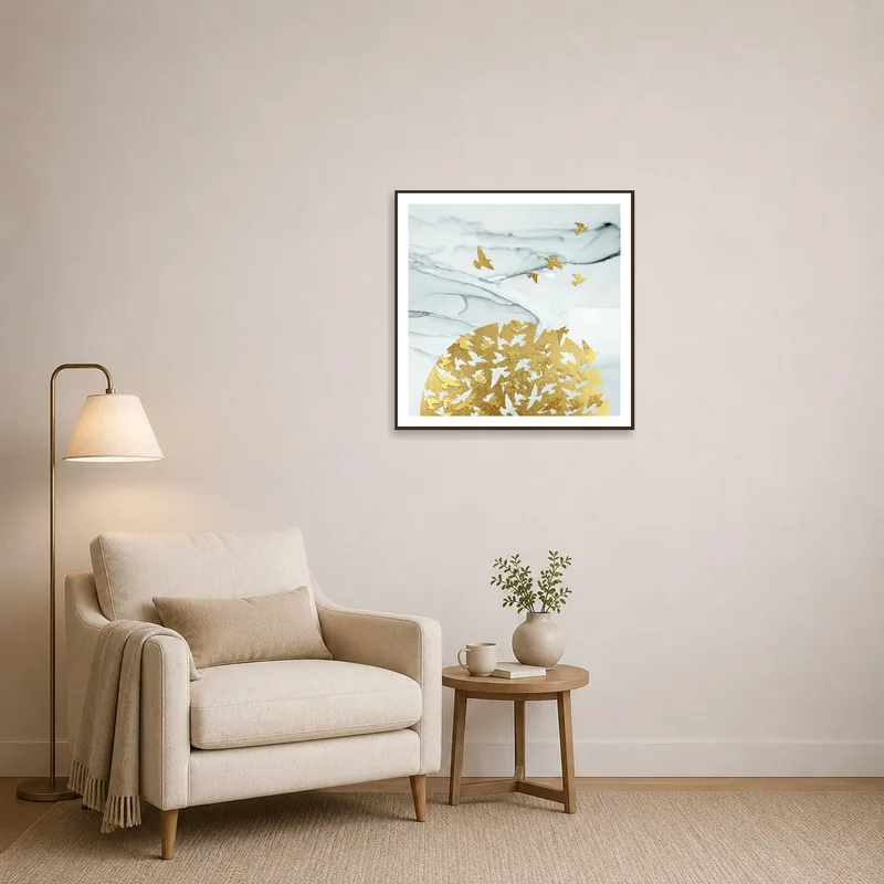 Reading corner with calming golden birds on marble piece for inspiration.