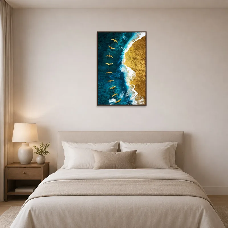 Golden Birds Over Ocean and Sandscape above a bed, bringing calmness to the serene bedroom.