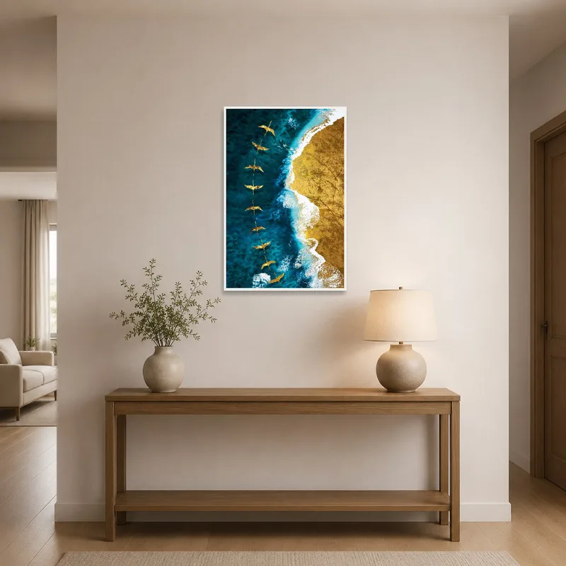 Golden Birds Over Ocean and Sandscape adorning an entrance hall, welcoming guests with elegance.