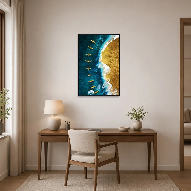 Golden Birds Over Ocean and Sandscape in a home office, inspiring creativity and focus.