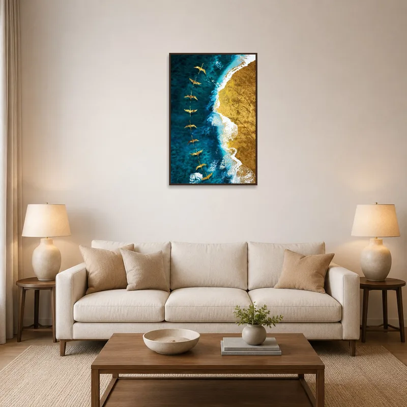 Golden Birds Over Ocean and Sandscape hanging in a cozy living room above a modern sofa.