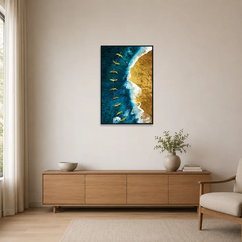 Golden Birds Over Ocean and Sandscape displayed in a minimalist room with simple furnishings.