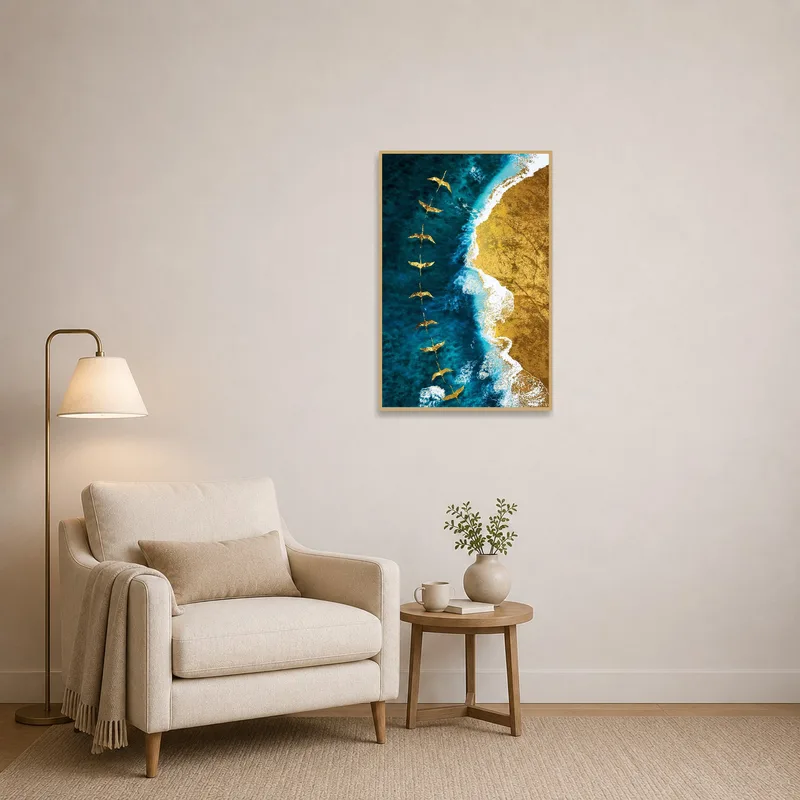 Golden Birds Over Ocean and Sandscape enhancing a reading corner, adding tranquility to the space.