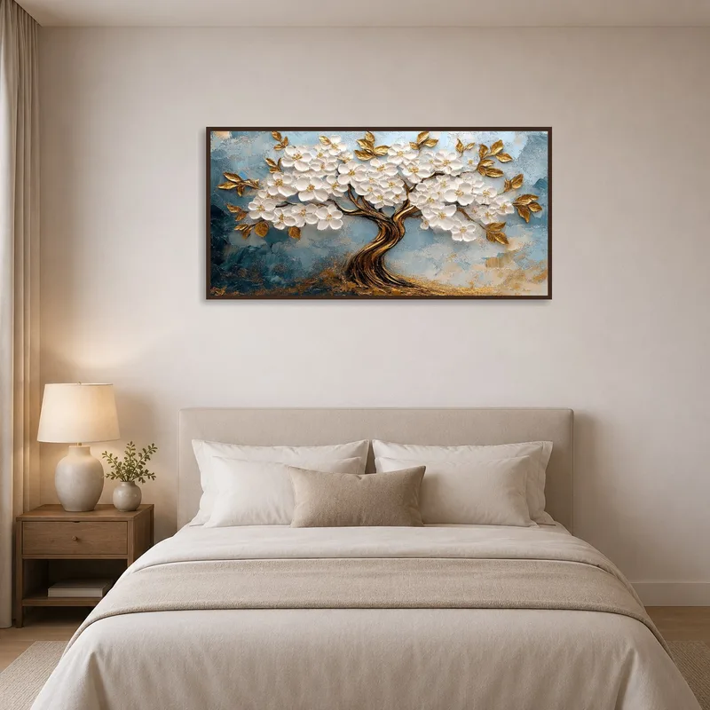 The golden blossom tree art piece adds tranquility to a stylish bedroom environment.