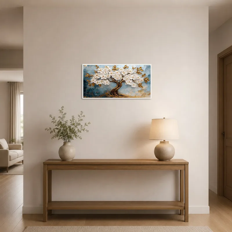 The entrance hall features a golden tree artwork adding elegance to the space.