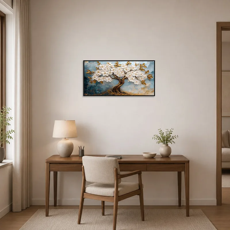 In a home office, the golden tree canvas introduces a touch of nature and elegance.