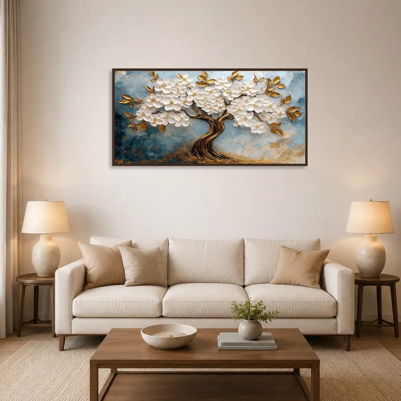 A golden blossom tree artwork on a blue canvas complements a cozy living room setup.