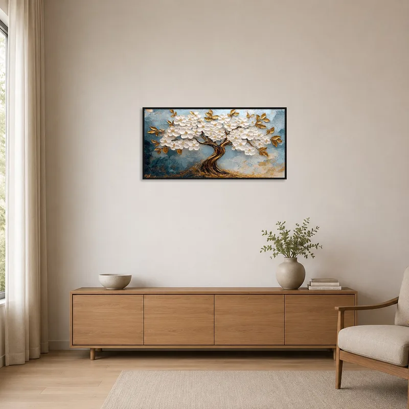 In a minimalist room, the golden blossom tree stands out on a textured blue canvas.