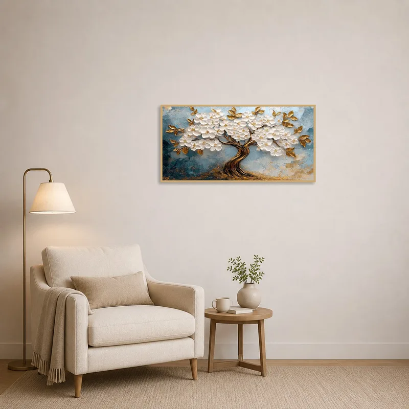 A reading corner is enhanced by the serene gold tree on a textured blue backdrop.
