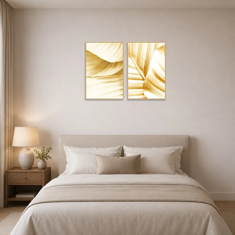 Warm botanical prints above a bed in a tranquil bedroom.