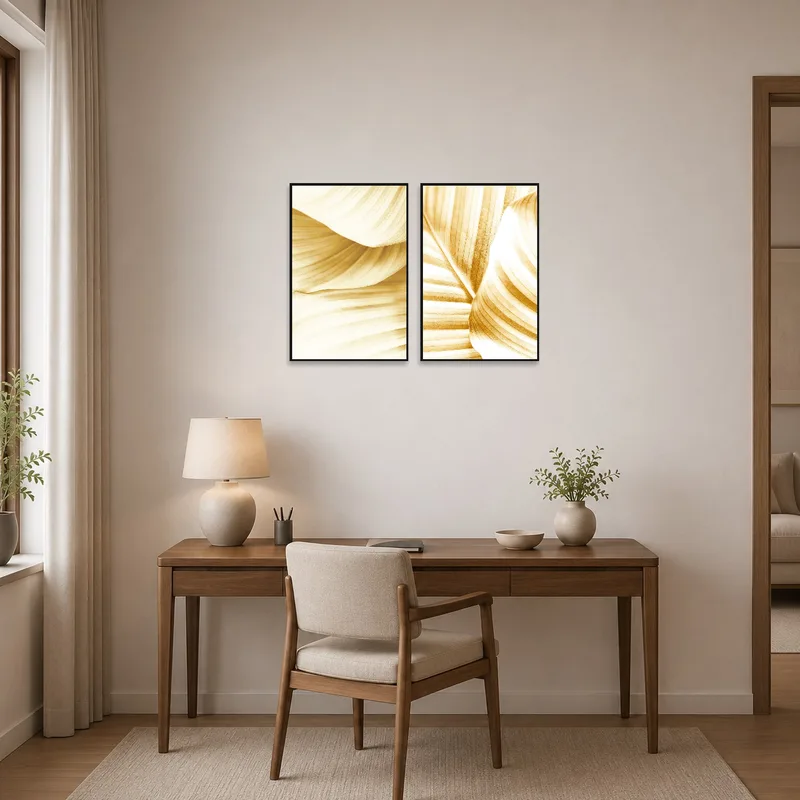 Sophisticated golden artwork inspiring creativity in a home office.