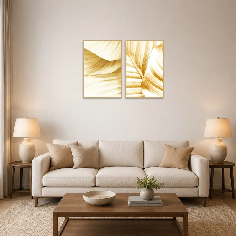Golden botanical art set on a living room wall above a modern sofa.