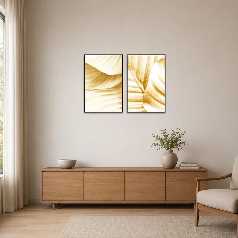 Abstract botanical art enhancing a minimalist room's sleek design.