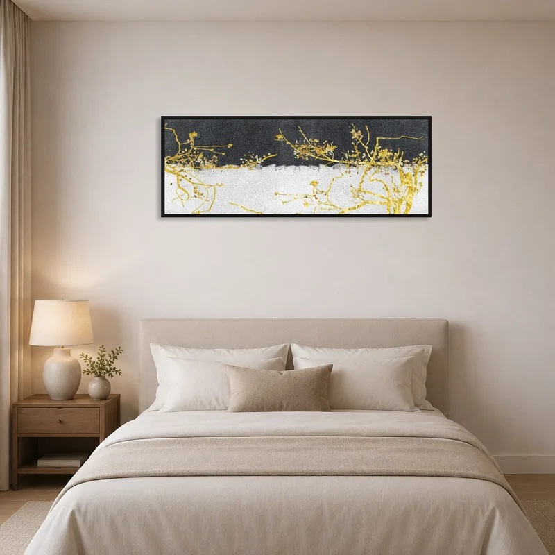 Bedroom wall showcasing golden botanical branches with a textured background.