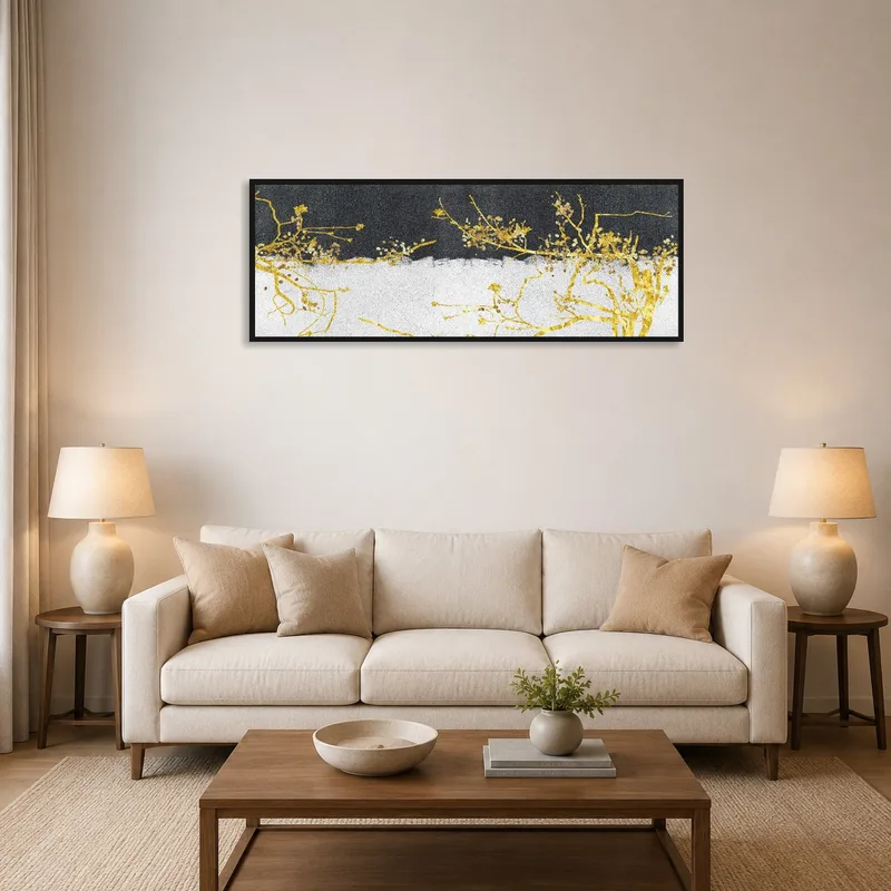 Golden botanical branches artwork in a cozy living room with a textured background.