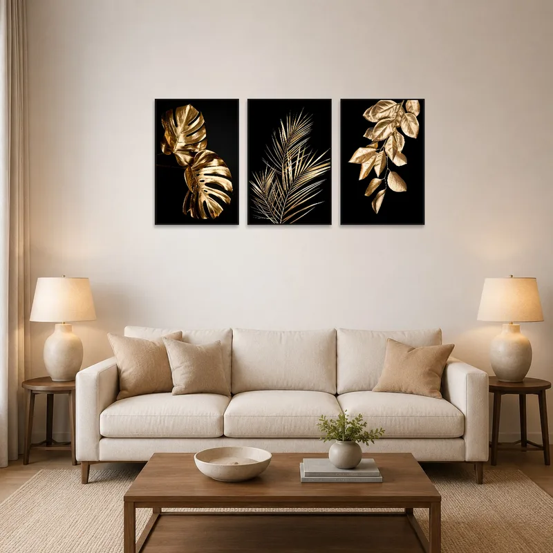 Golden leaf art set gracing a modern living room wall.
