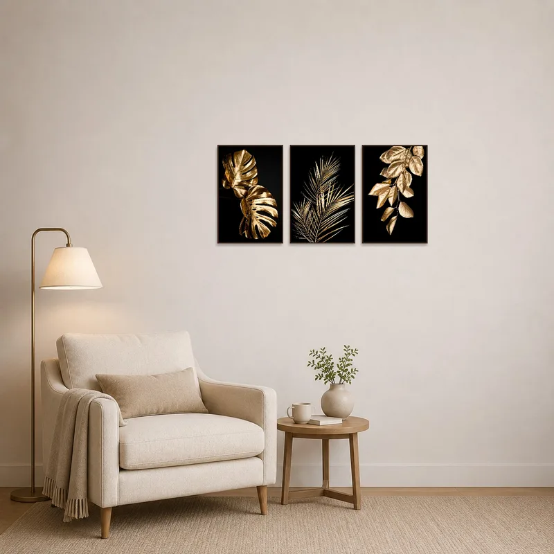 Reading corner adorned with golden leaf art set.