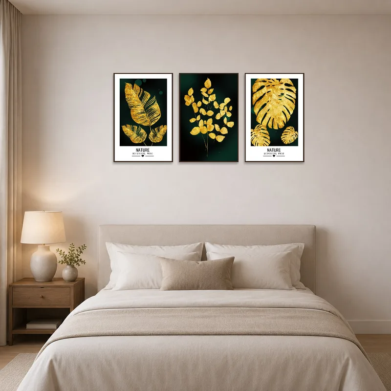 Bedroom with gold botanical leaf set providing a tranquil, luxurious ambiance.