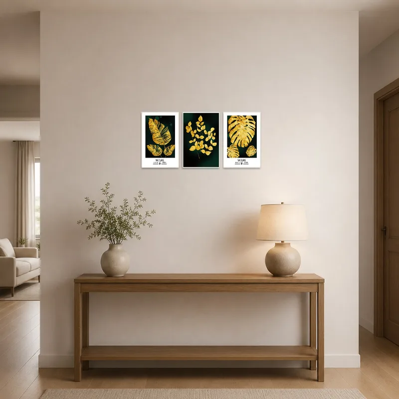 Entrance hall with a welcoming touch of golden leaf artwork against dark green walls.