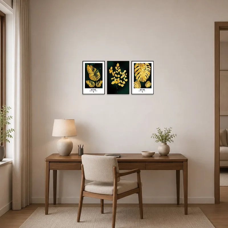 Home office uplifted with stylish gold leaf artwork on deep green for a sophisticated feel.