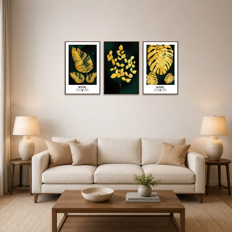 Gold leaf prints add elegance to a cozy living room with earth-toned furnishings.