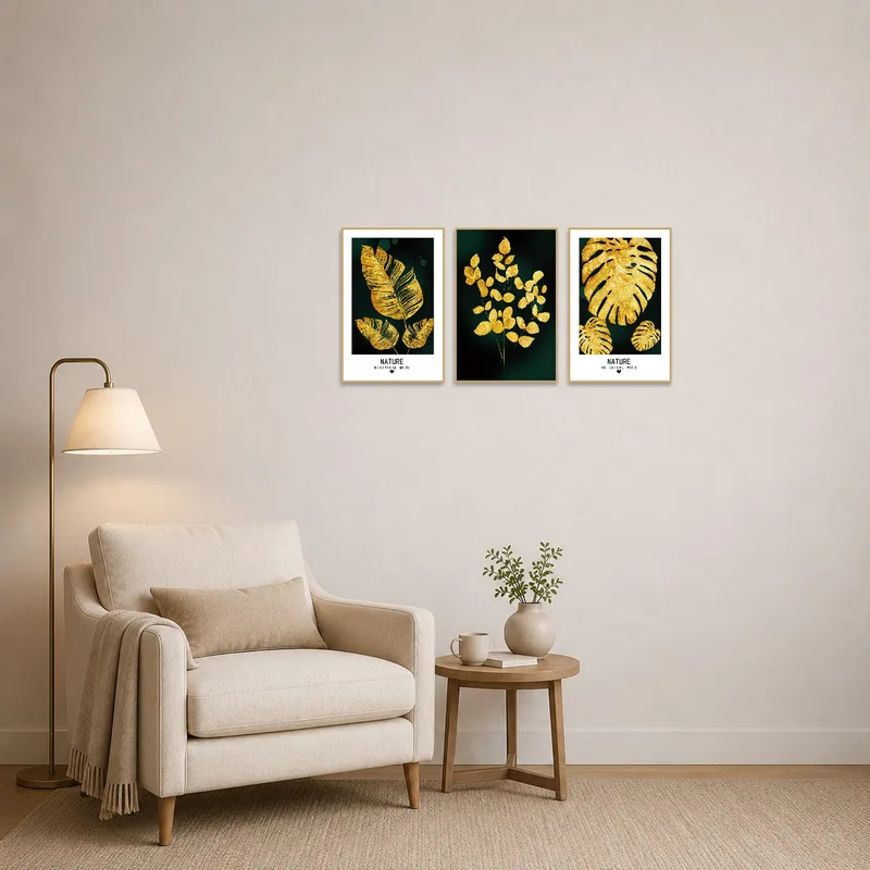 Reading corner enhanced by the calming presence of gold-leaf prints on deep green.