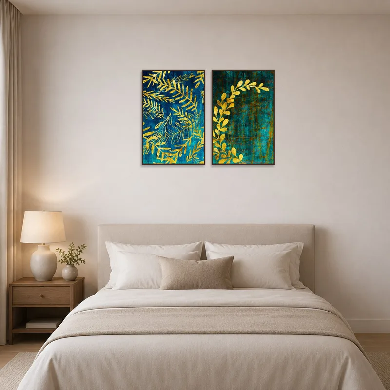 Golden leaf artwork brings a serene and sophisticated vibe to a bedroom setting.