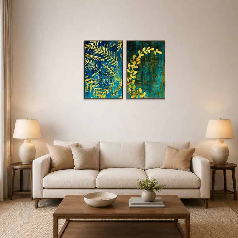 Golden leaf art piece adds elegance to a living room with teal accents and plush seating.