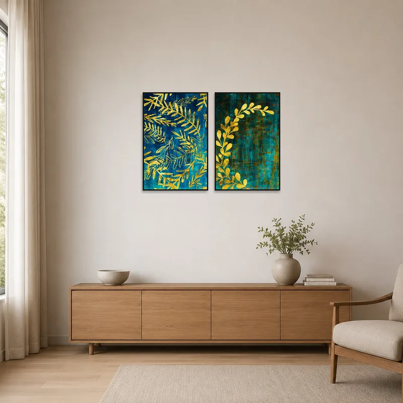 Golden leaf piece enhances a minimalist space with its teal background and simple lines.