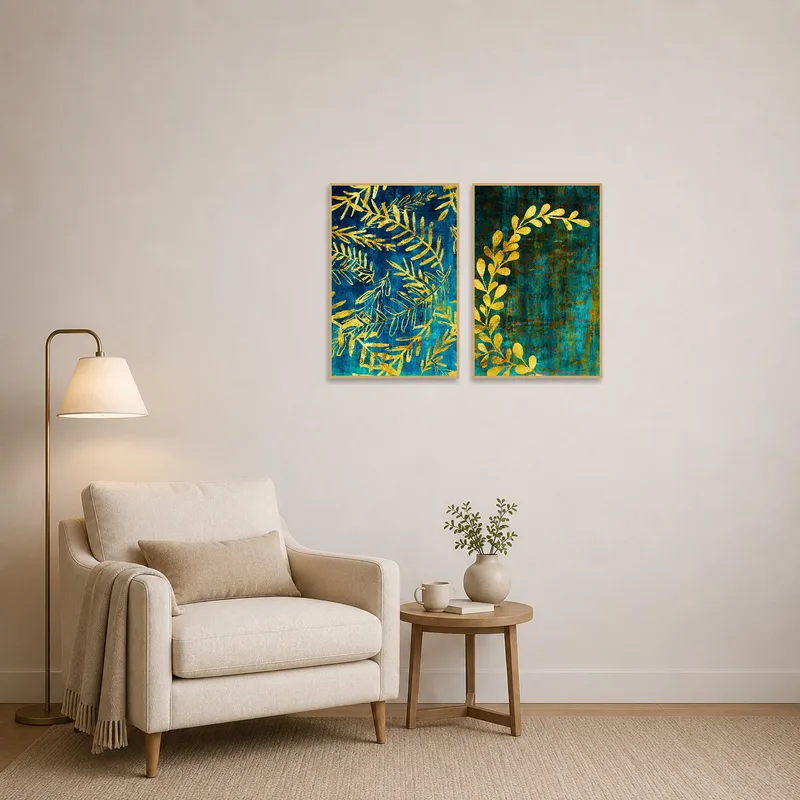 Golden botanical leaves provide a calming backdrop in a cozy reading corner.