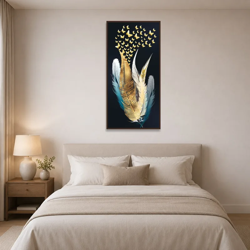 Golden butterflies art bringing elegance to a softly lit bedroom above the bed.