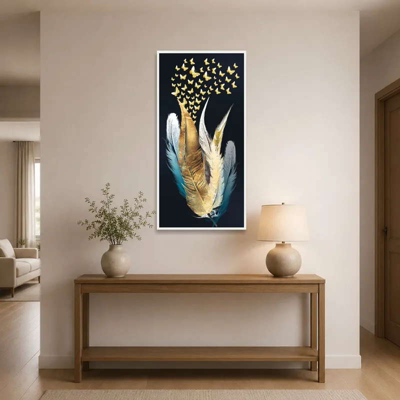 Golden butterflies and feathers in an entrance hall, setting a welcoming tone.