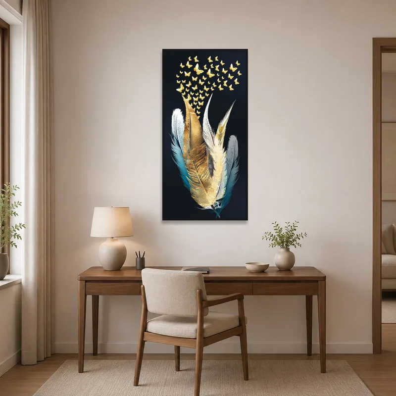 Golden butterflies and feathers wall art displayed in a home office next to a study desk.