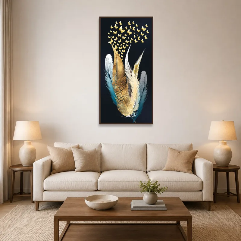 Golden butterflies and feathers art above a gray sofa in a sunlit living room.
