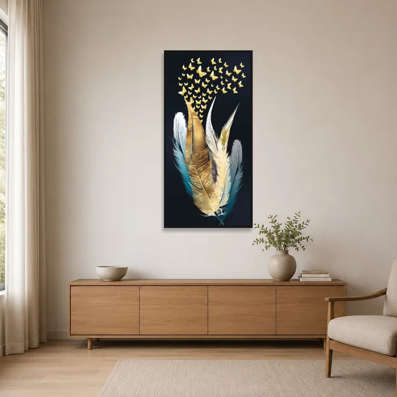 Golden butterflies art in a sleek, minimalist space with white walls and sparse furniture.