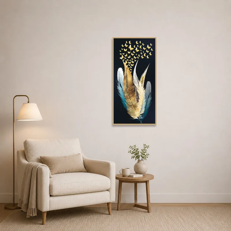 Golden butterflies artwork enhancing a cozy reading corner with a comfortable armchair.